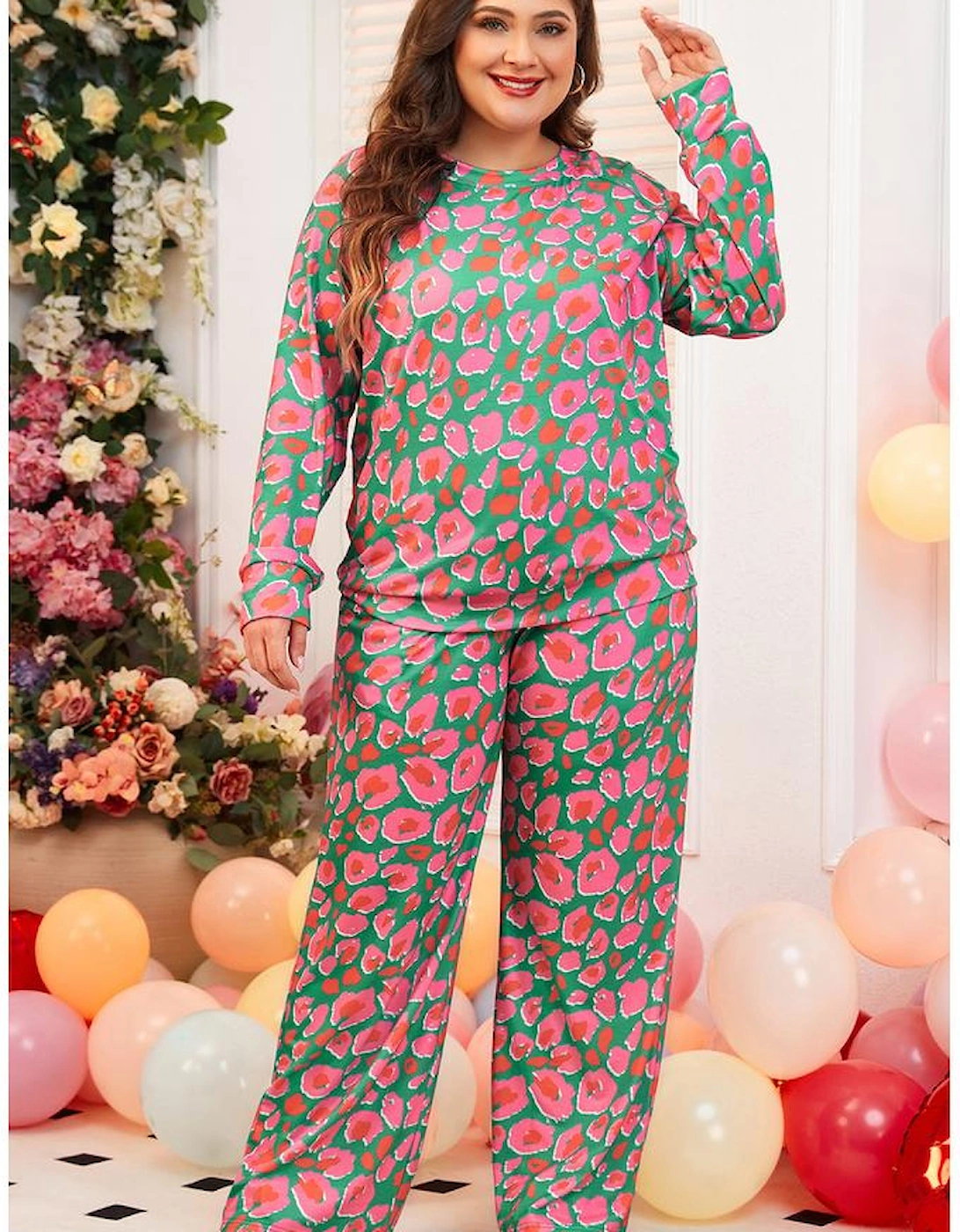 Green Plus Size Printed Long Sleeve and Pants Lounge Set, 13 of 12