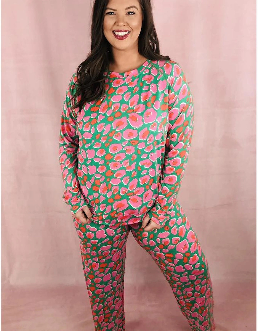 Green Plus Size Printed Long Sleeve and Pants Lounge Set