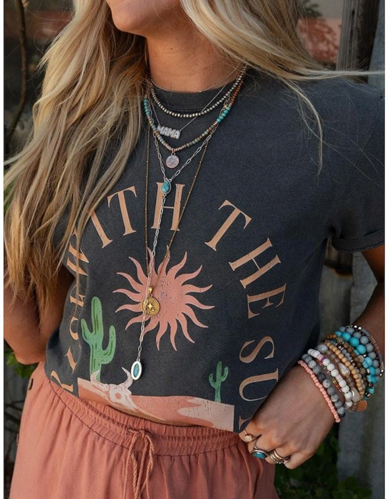 Dark Grey RISE WITH THE SUN Western Fashion Graphic Tee