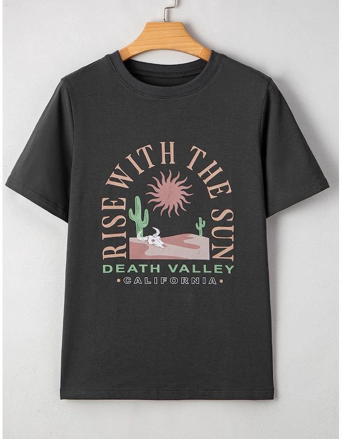 Dark Grey RISE WITH THE SUN Western Fashion Graphic Tee