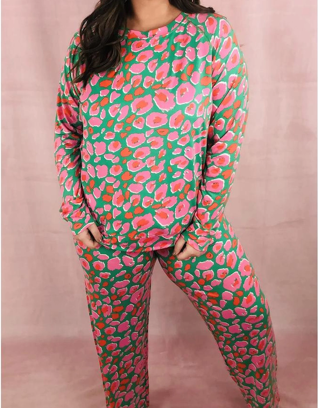 Green Plus Size Printed Long Sleeve and Pants Lounge Set