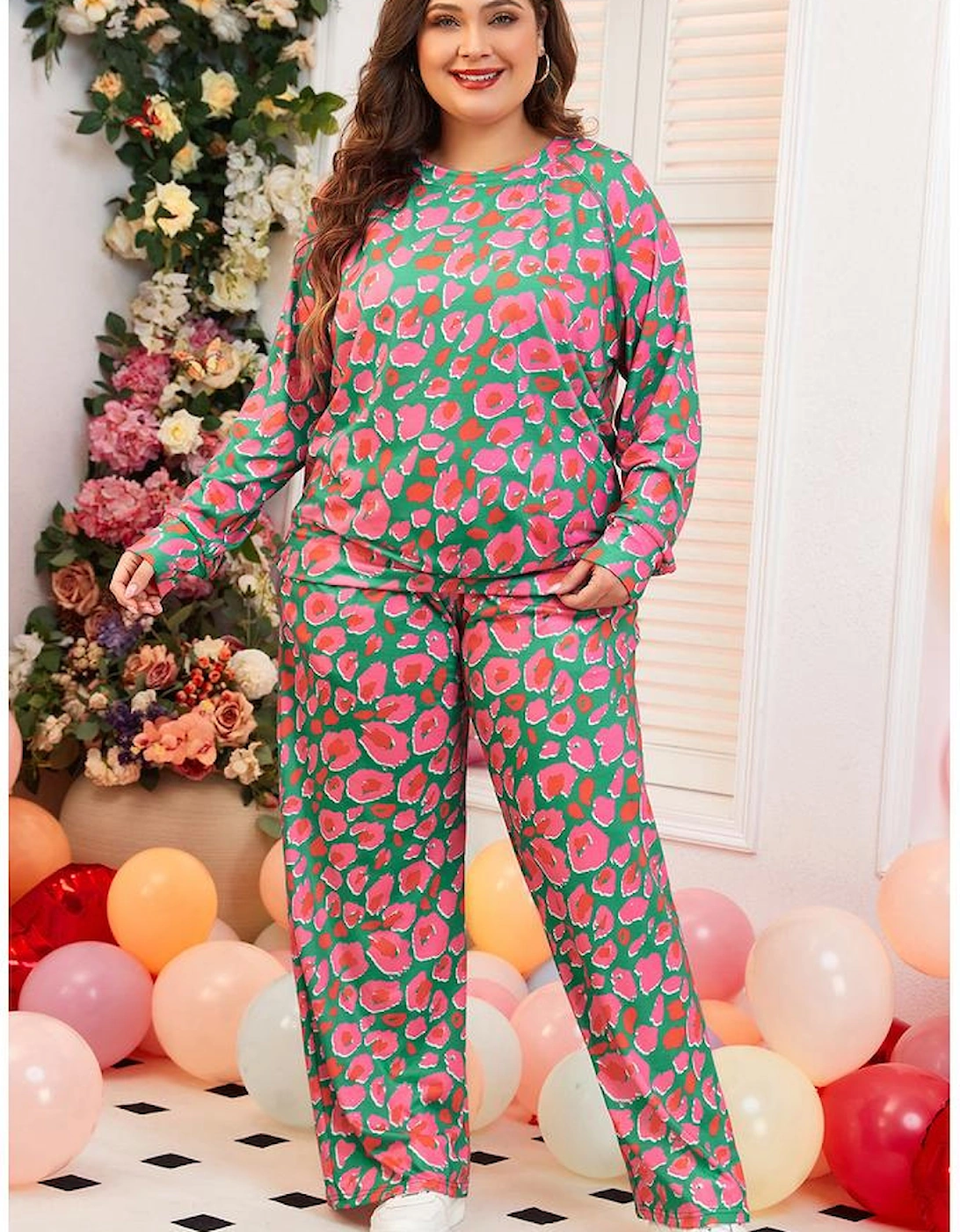 Green Plus Size Printed Long Sleeve and Pants Lounge Set