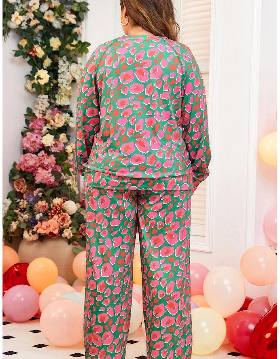 Green Plus Size Printed Long Sleeve and Pants Lounge Set