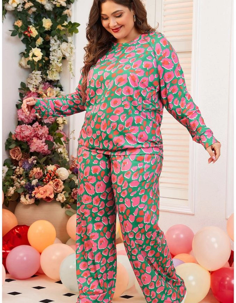 Green Plus Size Printed Long Sleeve and Pants Lounge Set