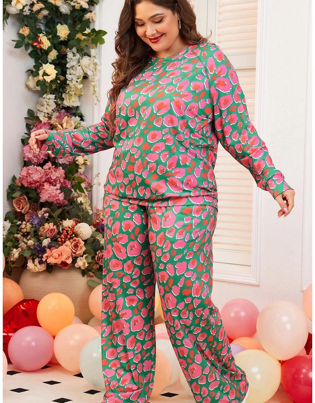 Green Plus Size Printed Long Sleeve and Pants Lounge Set