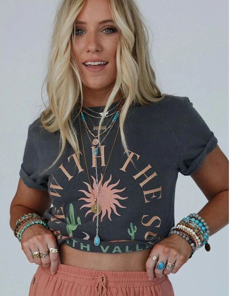 Dark Grey RISE WITH THE SUN Western Fashion Graphic Tee