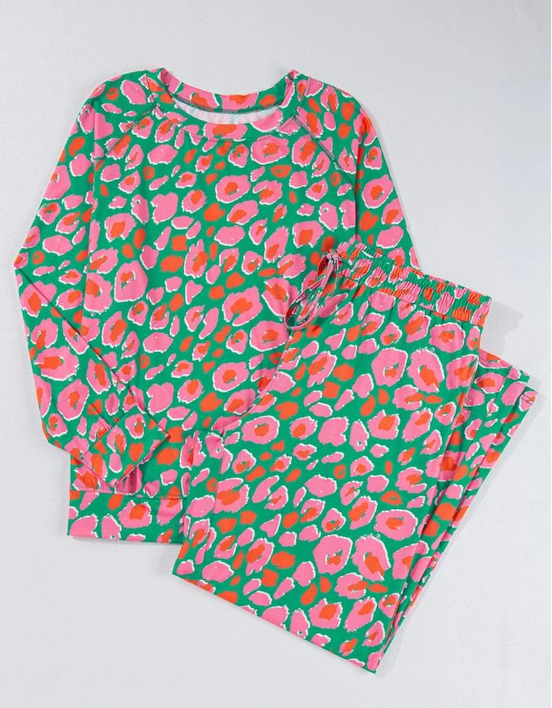 Green Plus Size Printed Long Sleeve and Pants Lounge Set