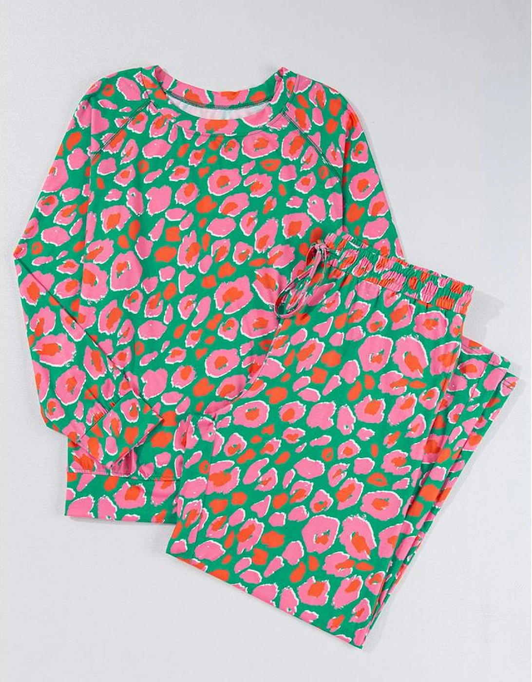 Green Plus Size Printed Long Sleeve and Pants Lounge Set