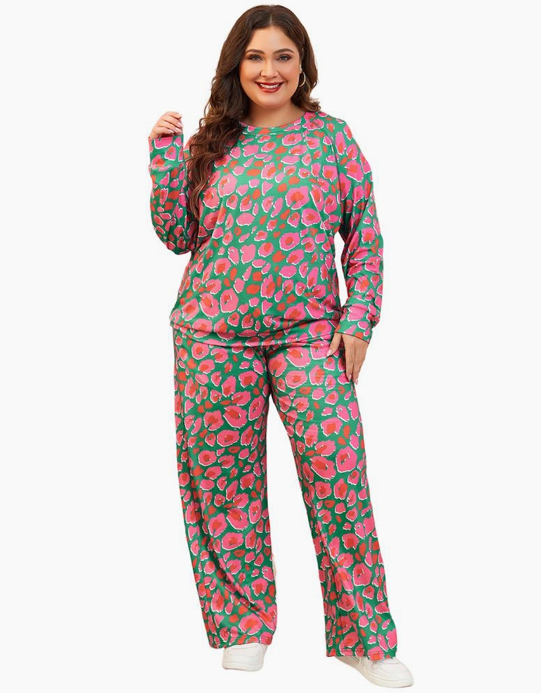 Green Plus Size Printed Long Sleeve and Pants Lounge Set