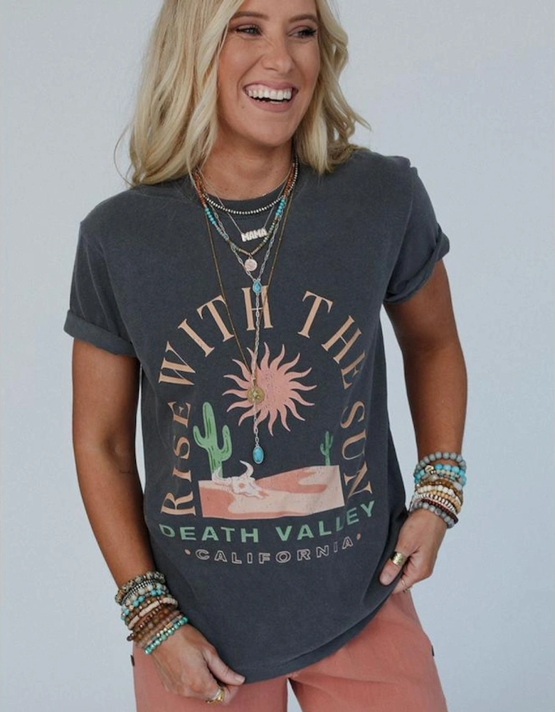 Dark Grey RISE WITH THE SUN Western Fashion Graphic Tee