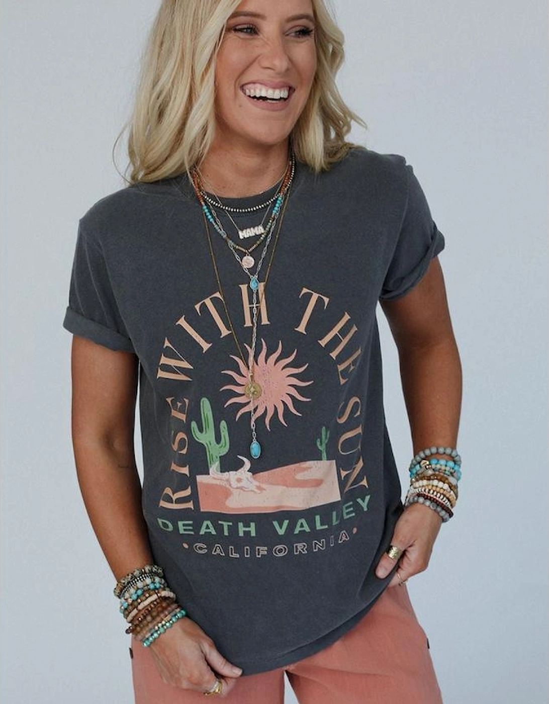Dark Grey RISE WITH THE SUN Western Fashion Graphic Tee