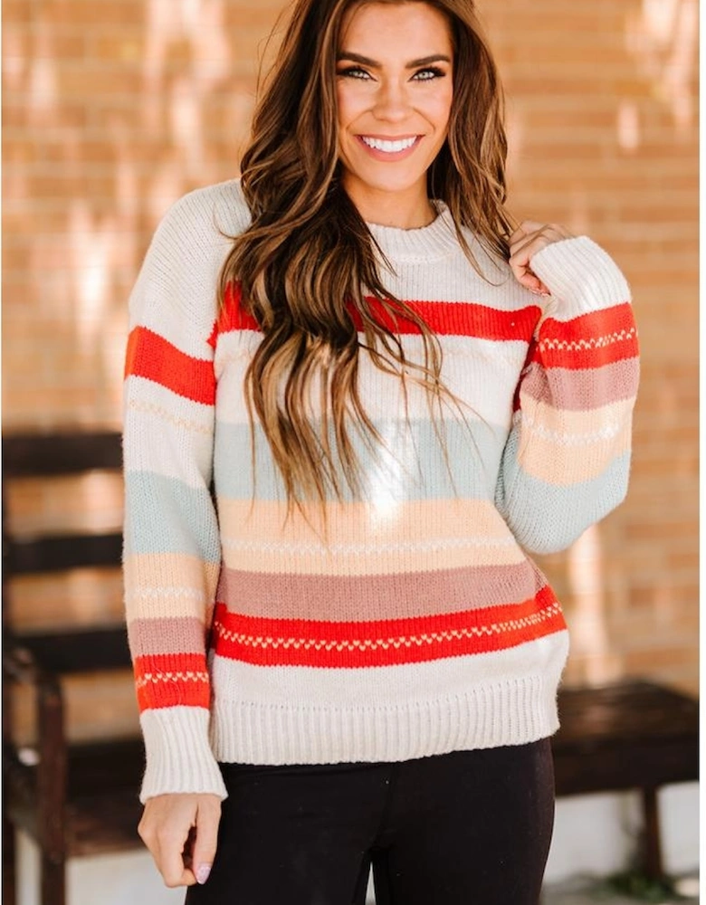 Azura Exchange Crew Neck Drop-shoulder Striped Color Block Sweater