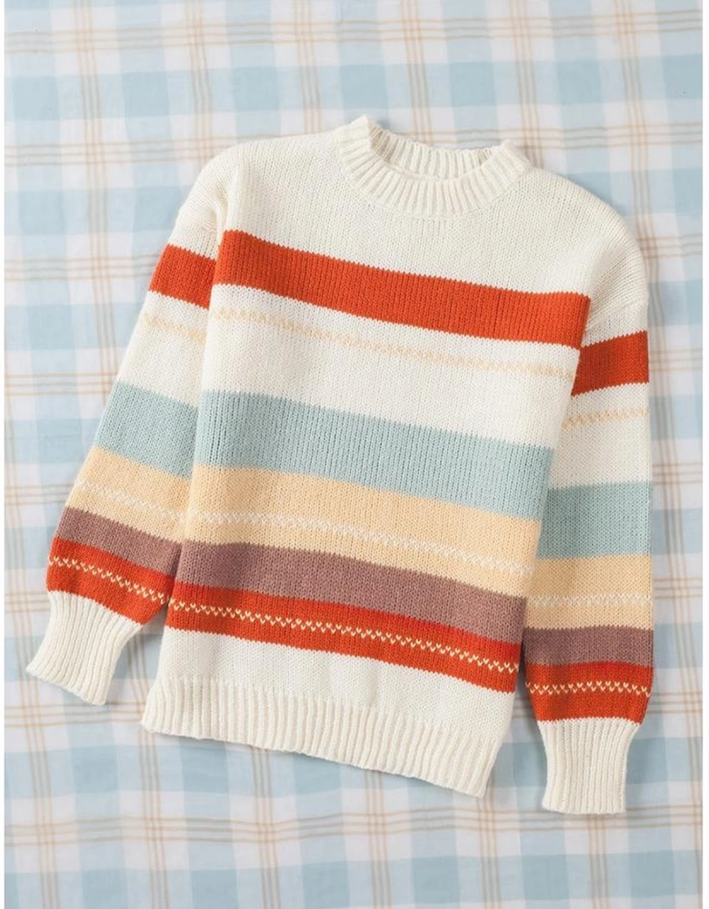 Azura Exchange Crew Neck Drop-shoulder Striped Color Block Sweater