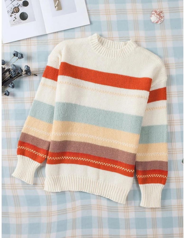 Azura Exchange Crew Neck Drop-shoulder Striped Color Block Sweater