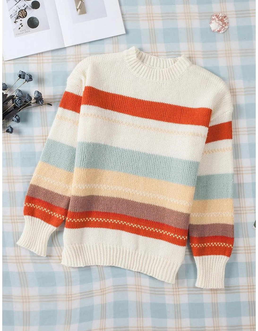 Azura Exchange Crew Neck Drop-shoulder Striped Color Block Sweater