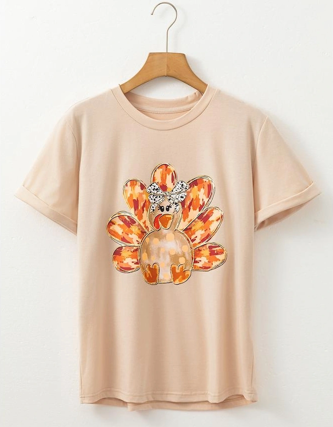 Khaki Thanksgiving Bowknot Turkey Graphic Crewneck Tee