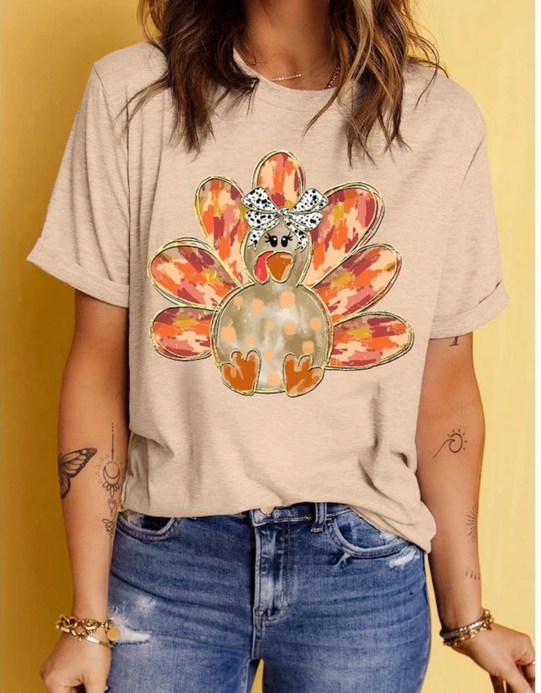 Khaki Thanksgiving Bowknot Turkey Graphic Crewneck Tee