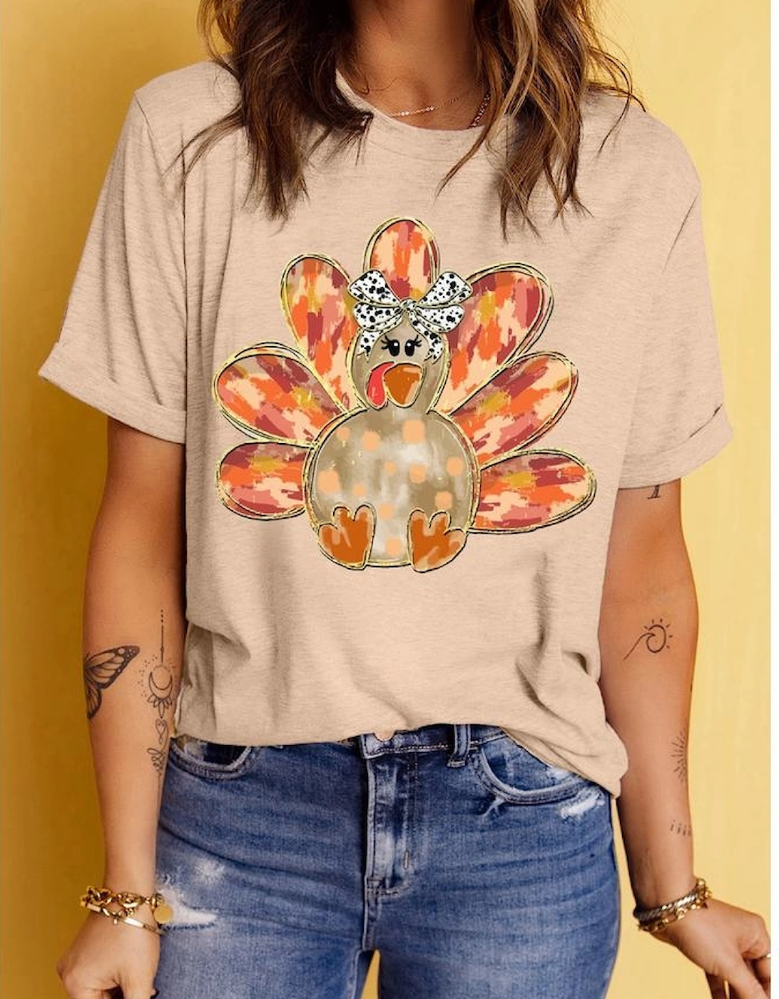 Khaki Thanksgiving Bowknot Turkey Graphic Crewneck Tee, 12 of 11