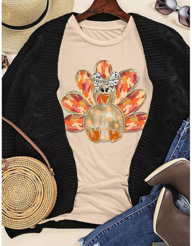 Khaki Thanksgiving Bowknot Turkey Graphic Crewneck Tee