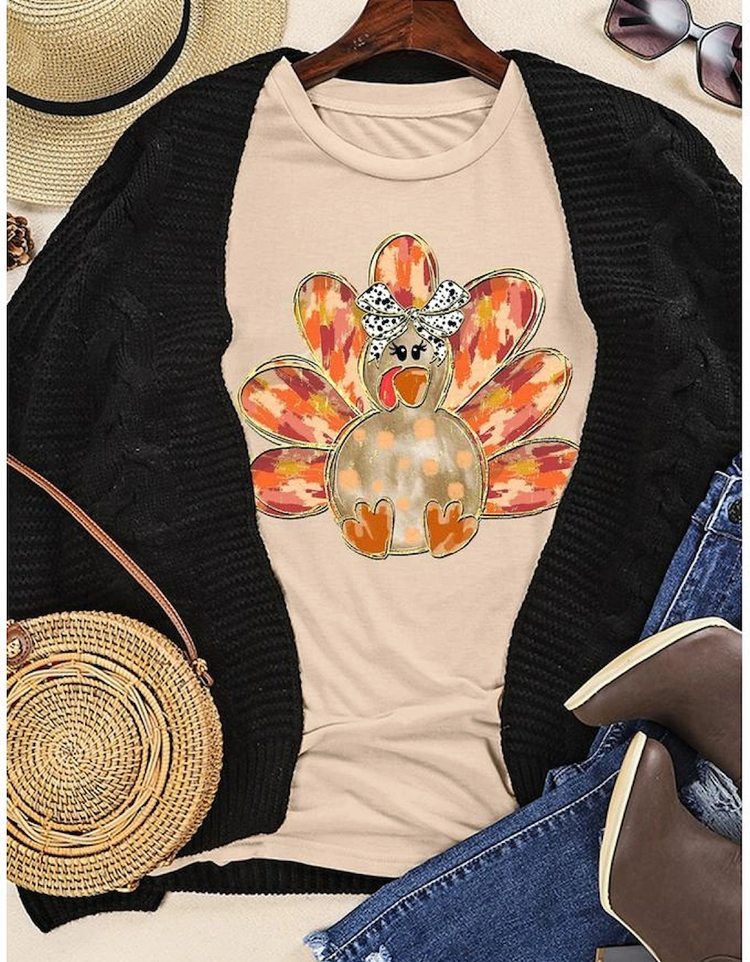 Khaki Thanksgiving Bowknot Turkey Graphic Crewneck Tee