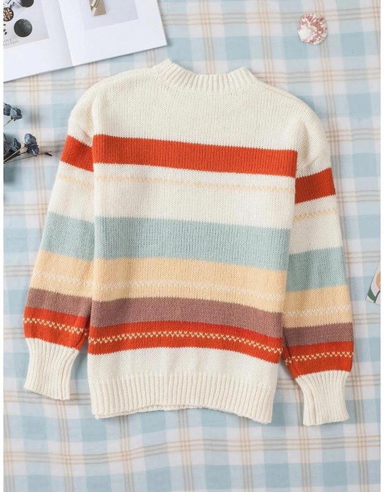 Azura Exchange Crew Neck Drop-shoulder Striped Color Block Sweater