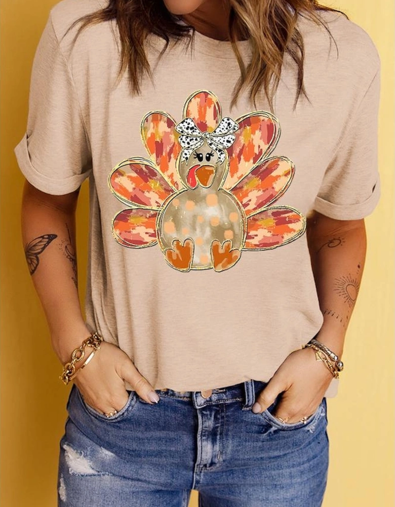 Khaki Thanksgiving Bowknot Turkey Graphic Crewneck Tee