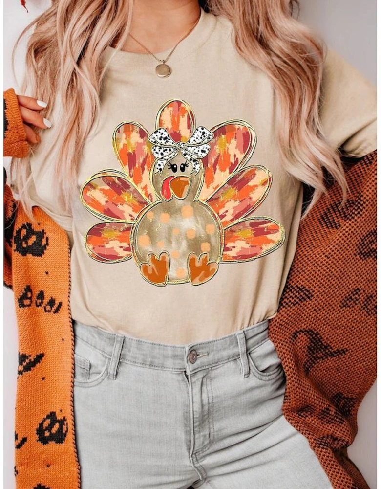 Khaki Thanksgiving Bowknot Turkey Graphic Crewneck Tee