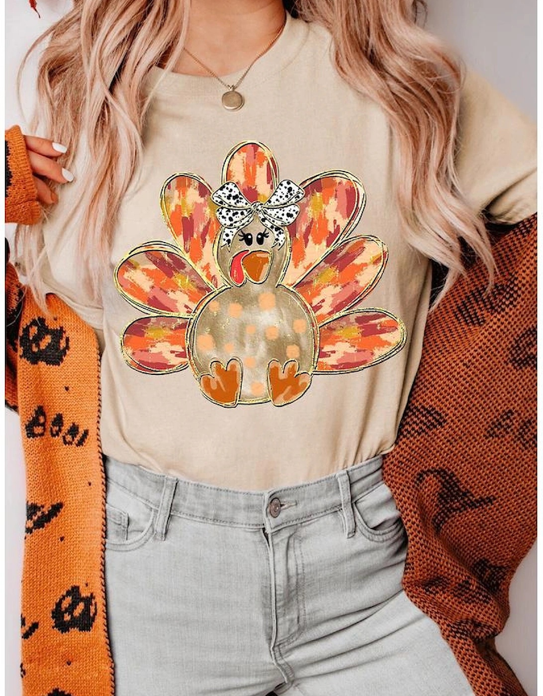 Khaki Thanksgiving Bowknot Turkey Graphic Crewneck Tee