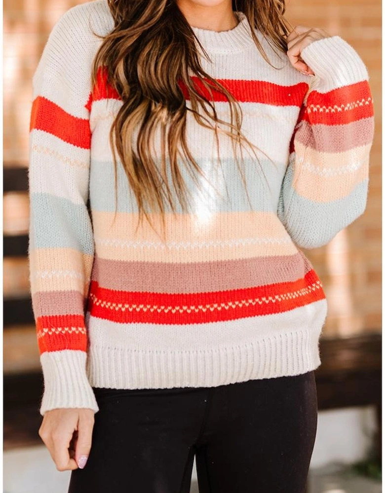 Azura Exchange Crew Neck Drop-shoulder Striped Color Block Sweater