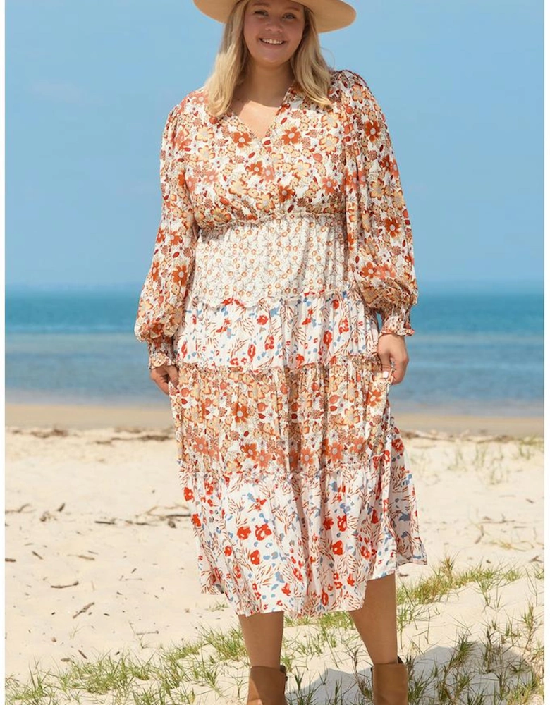 Khaki Plus Size Floral Tiered Ruffle Maxi Dress