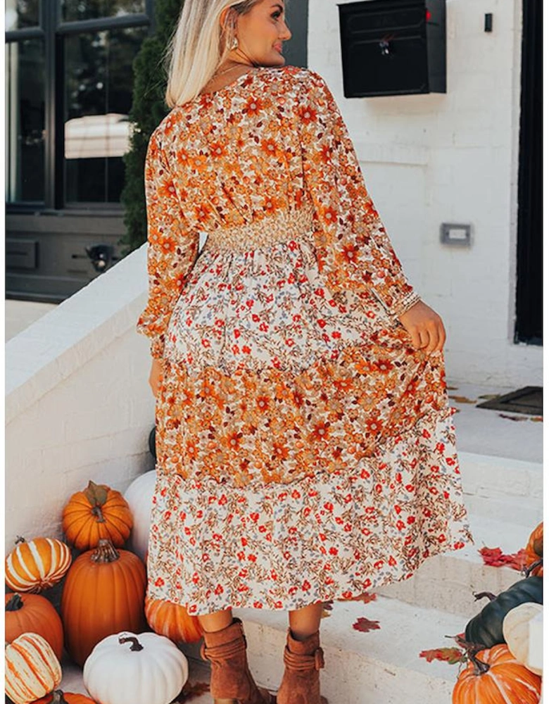 Khaki Plus Size Floral Tiered Ruffle Maxi Dress