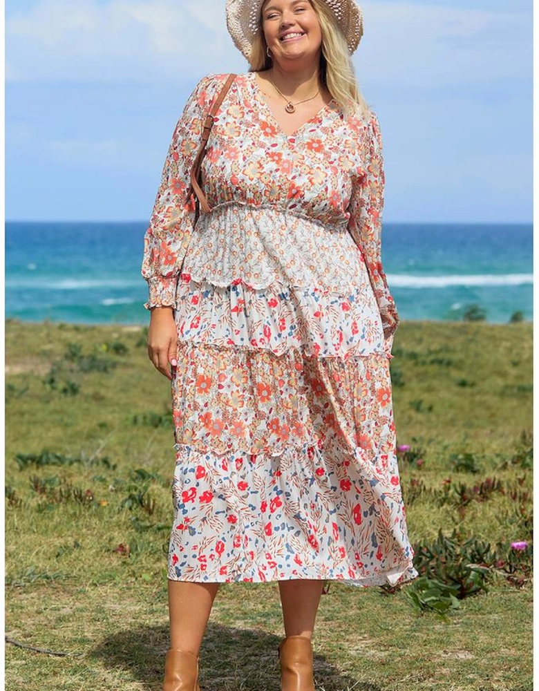 Khaki Plus Size Floral Tiered Ruffle Maxi Dress