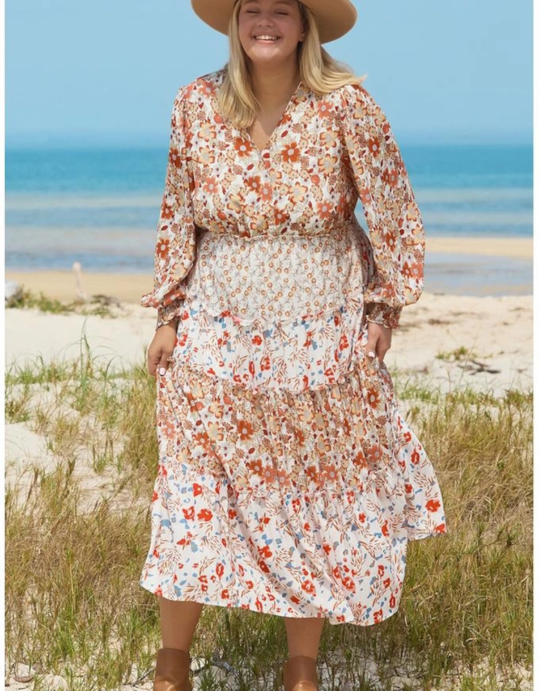 Khaki Plus Size Floral Tiered Ruffle Maxi Dress