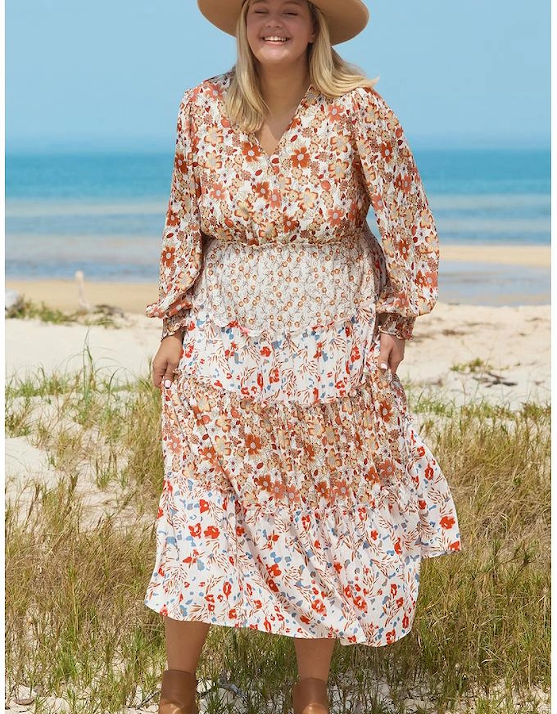 Khaki Plus Size Floral Tiered Ruffle Maxi Dress