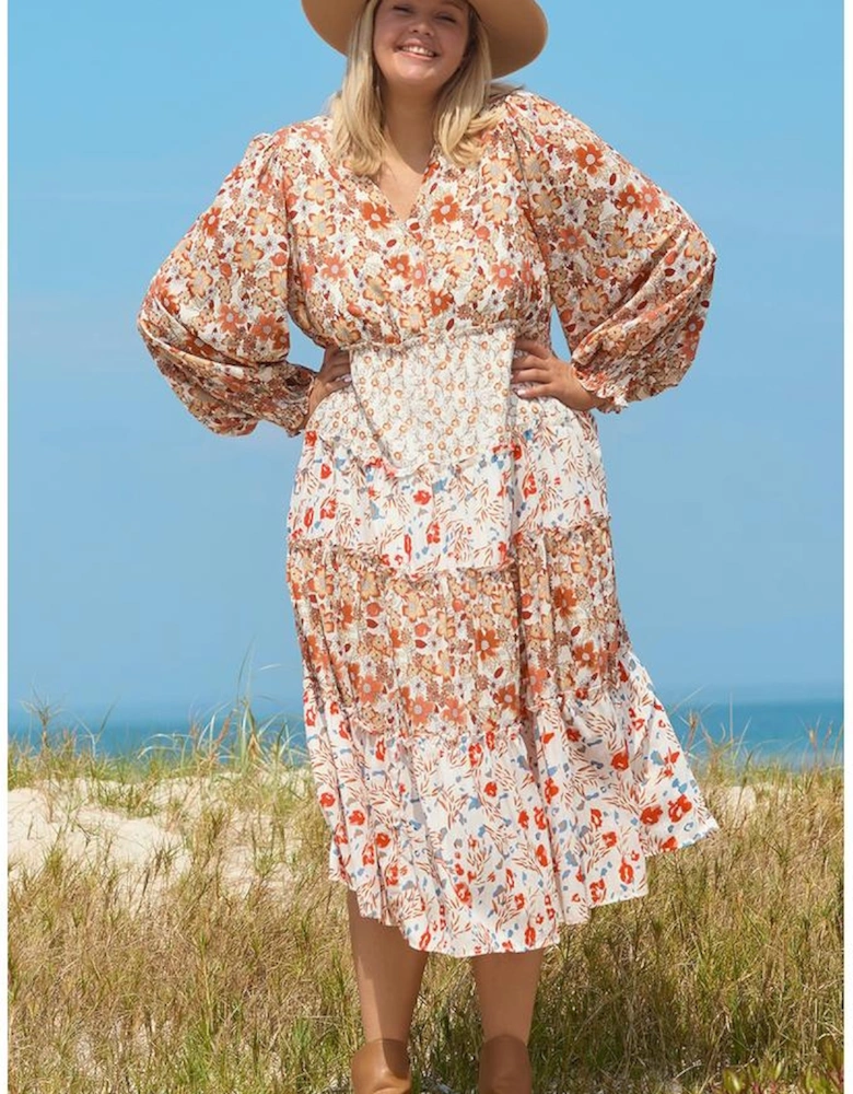 Khaki Plus Size Floral Tiered Ruffle Maxi Dress