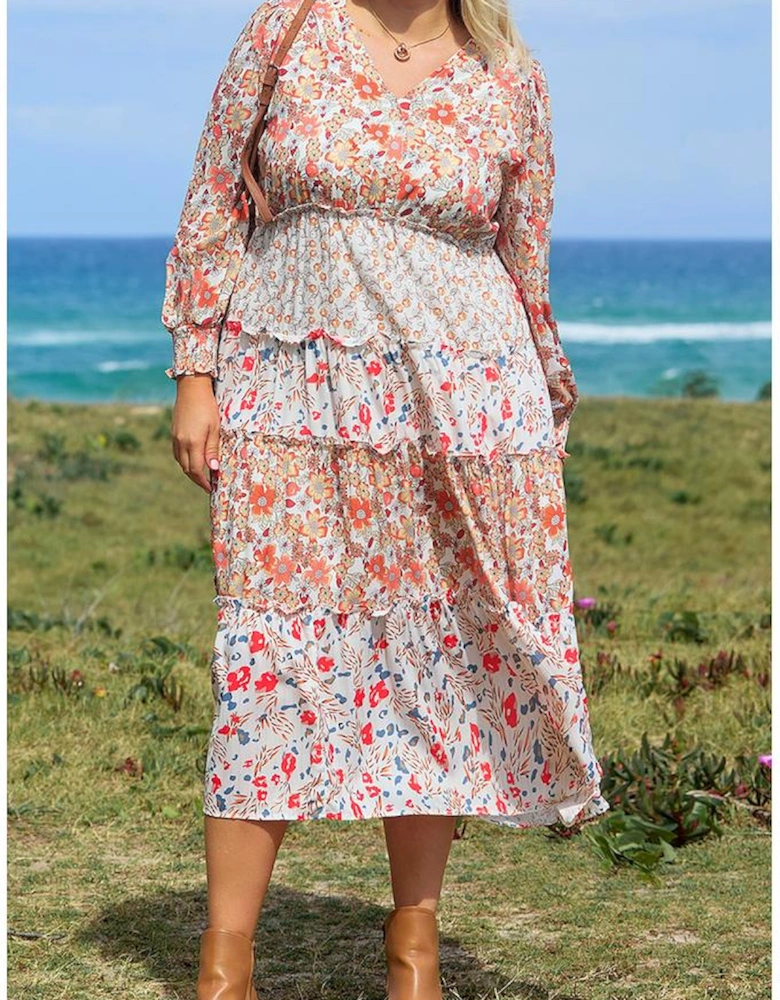 Khaki Plus Size Floral Tiered Ruffle Maxi Dress