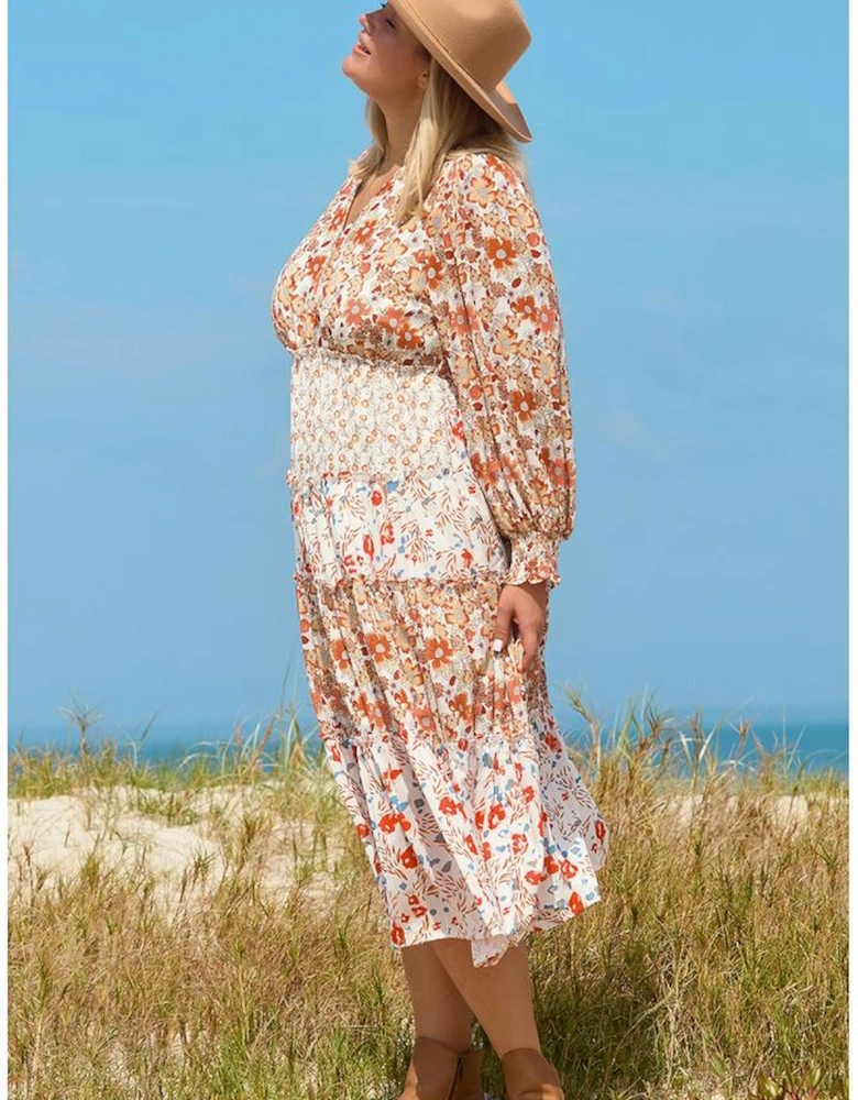 Khaki Plus Size Floral Tiered Ruffle Maxi Dress