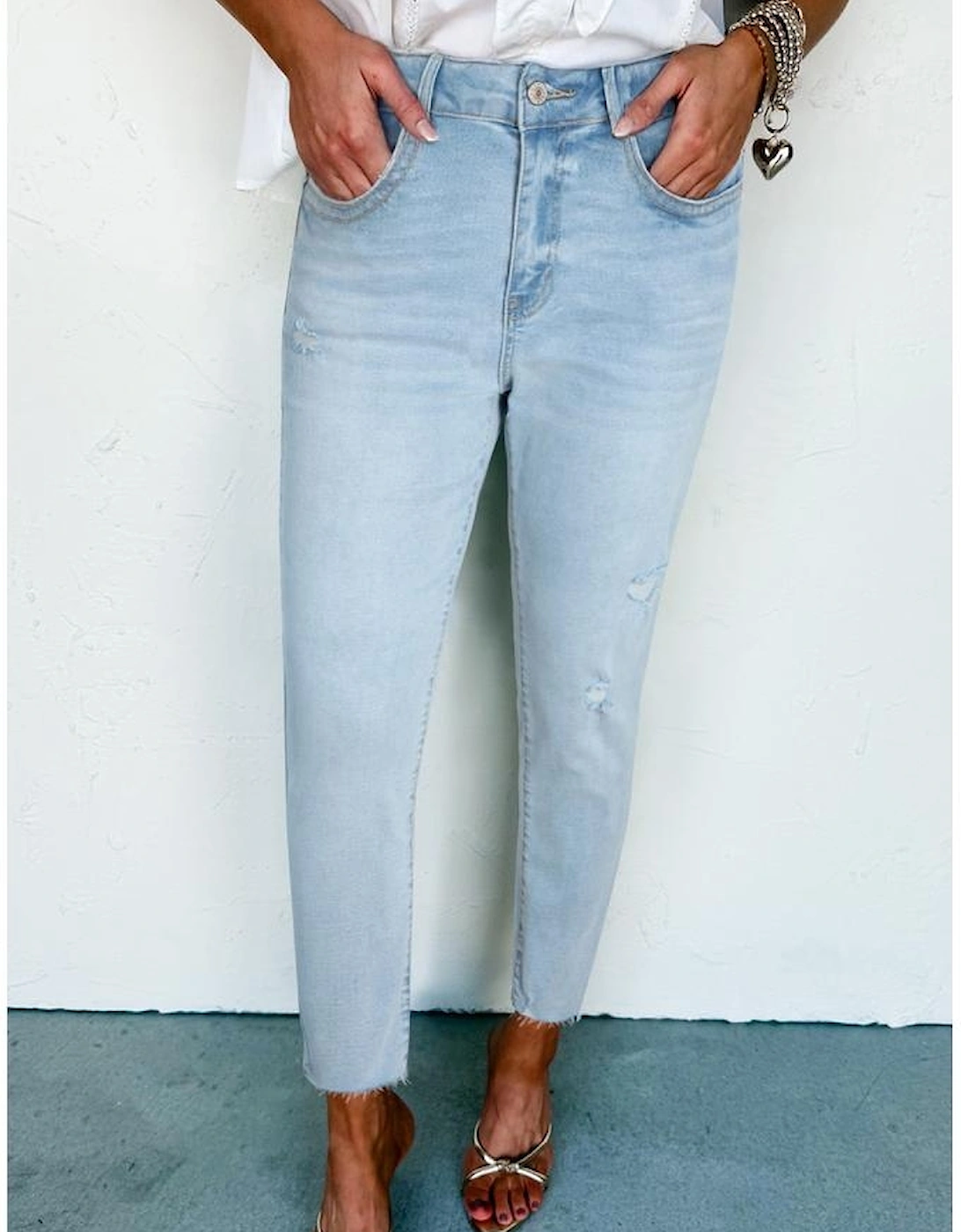 Beau Blue Mid Rise Ankle-Length Distressed Skinny Jeans