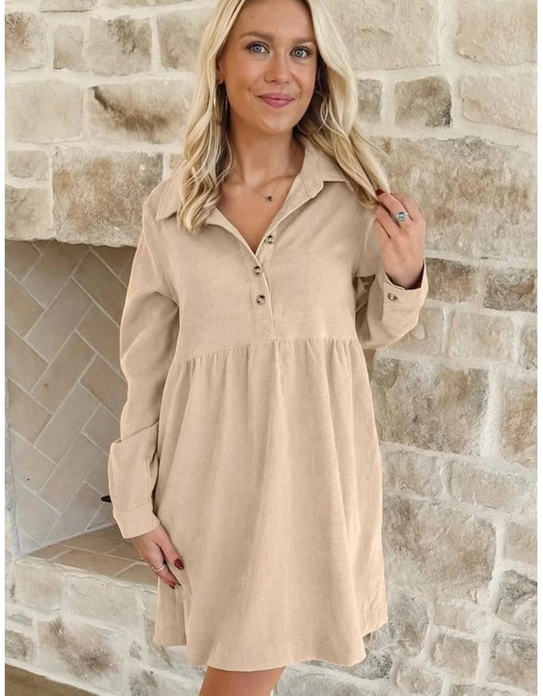 Oatmeal Corduroy Half Button Collared Long Sleeve Mini Dress
