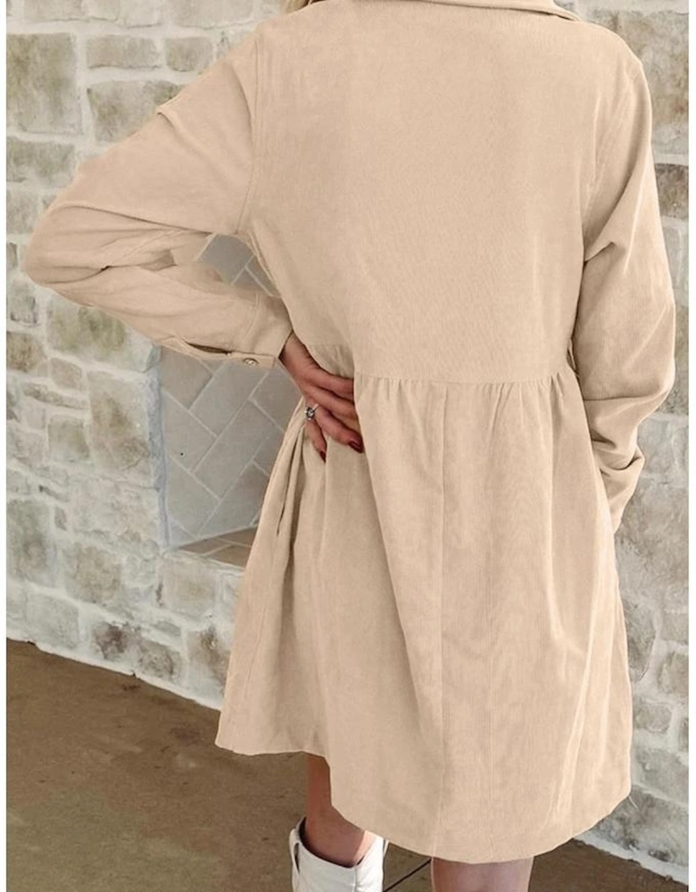 Oatmeal Corduroy Half Button Collared Long Sleeve Mini Dress