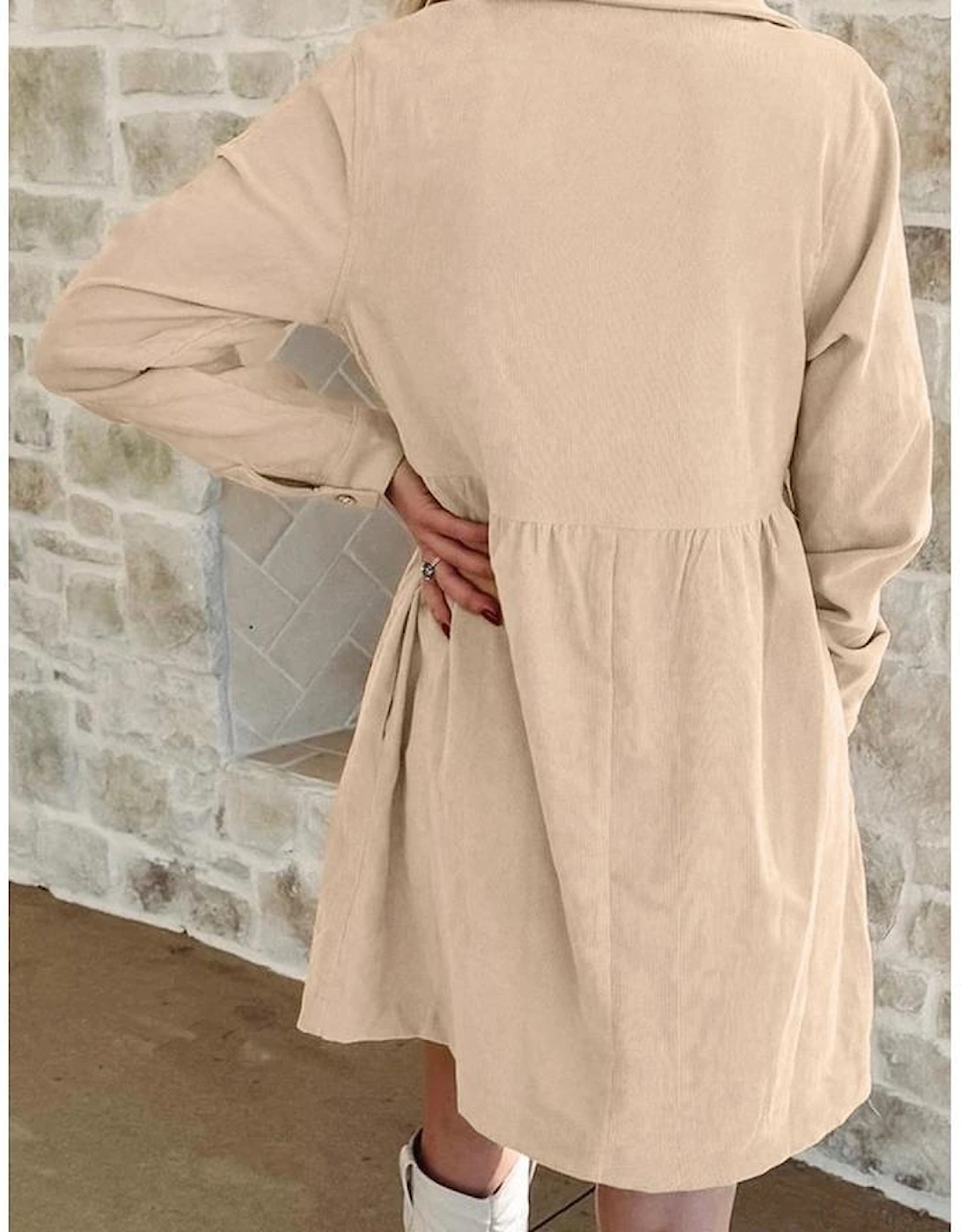 Oatmeal Corduroy Half Button Collared Long Sleeve Mini Dress, 4 of 3