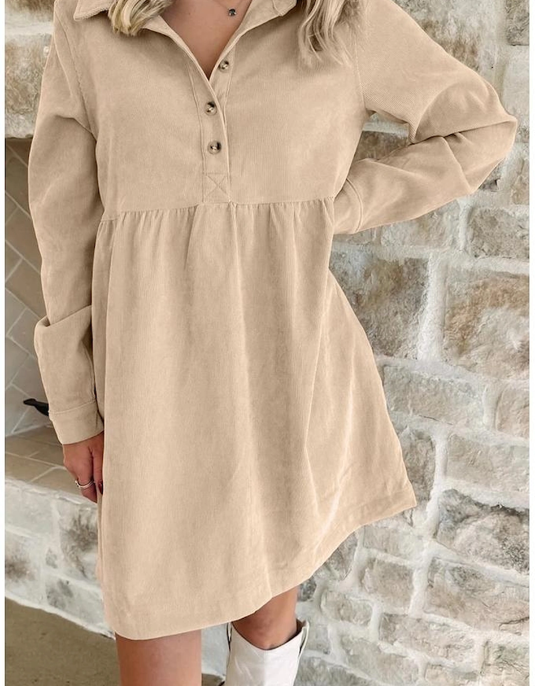 Oatmeal Corduroy Half Button Collared Long Sleeve Mini Dress