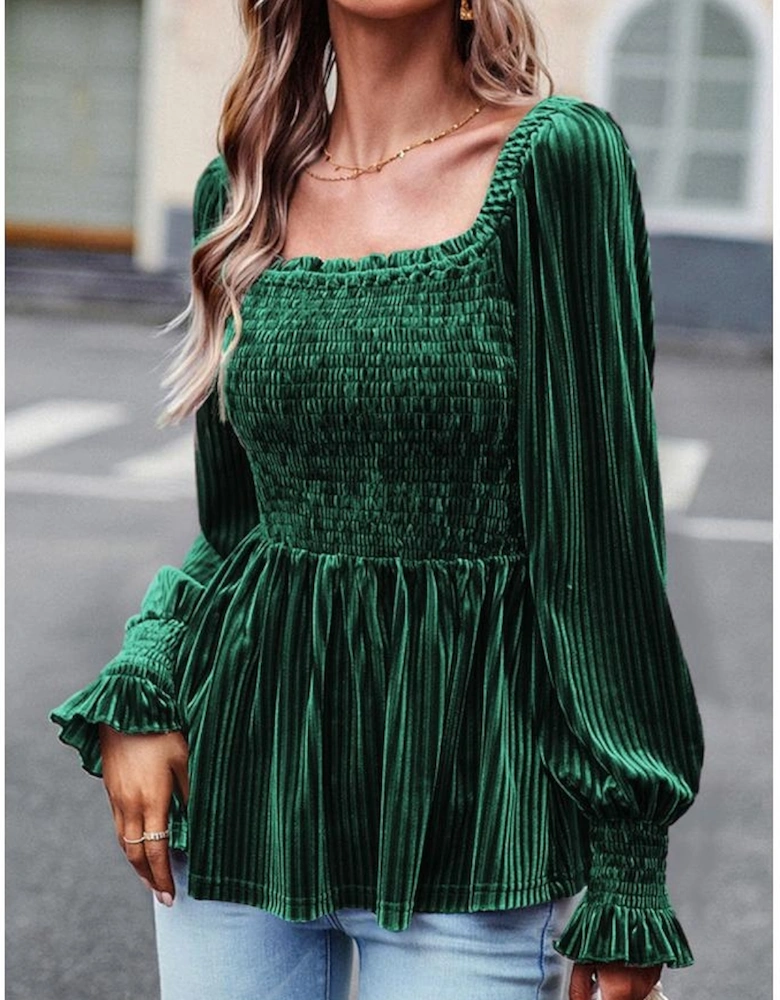 Blackish Green Smocked Ribbed Velvet Babydoll Top