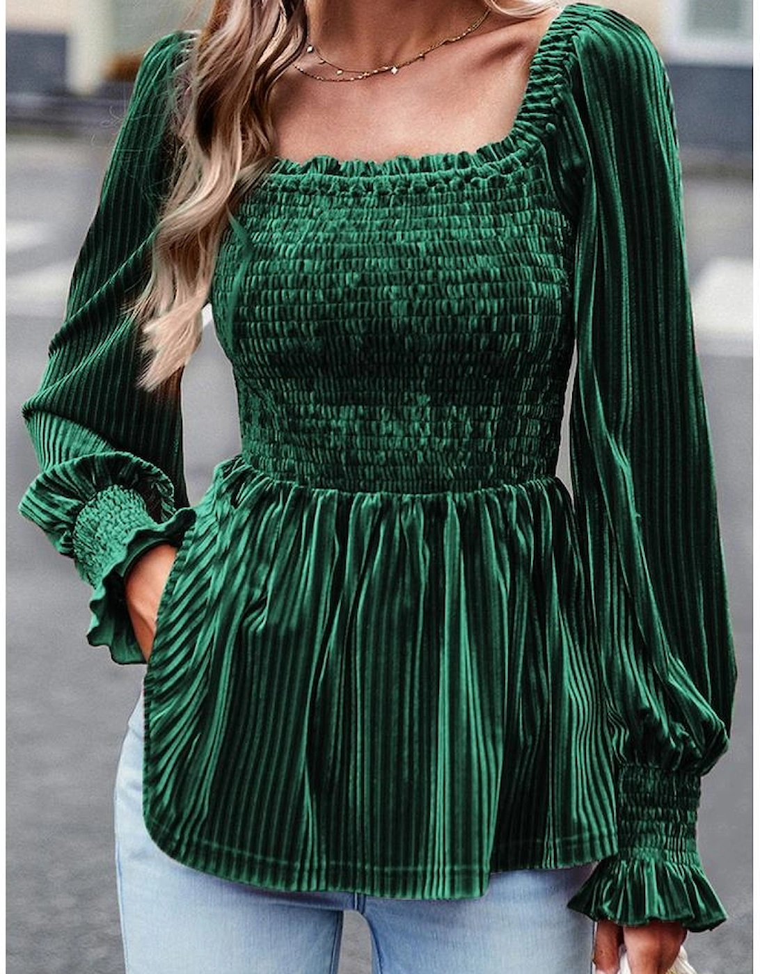 Blackish Green Smocked Ribbed Velvet Babydoll Top