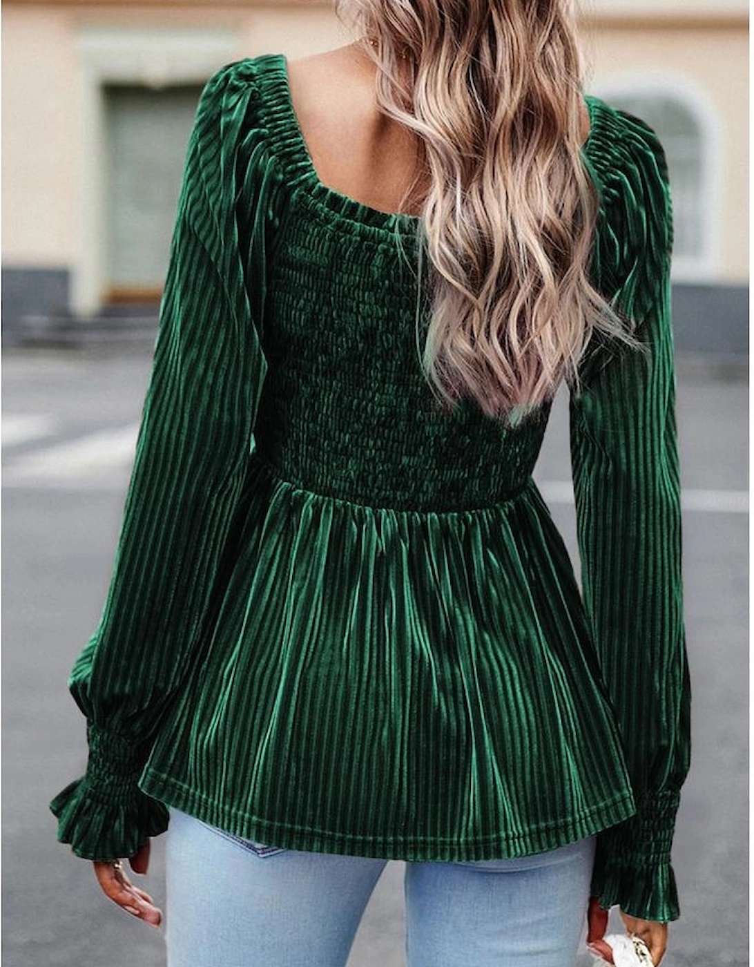 Blackish Green Smocked Ribbed Velvet Babydoll Top