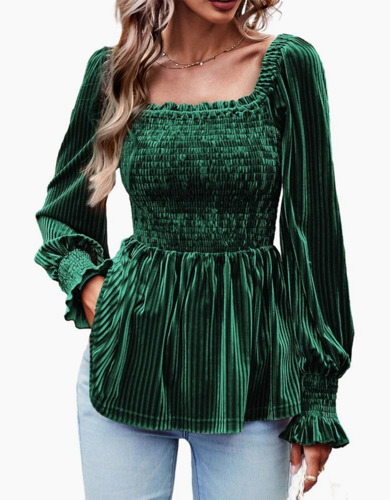 Blackish Green Smocked Ribbed Velvet Babydoll Top