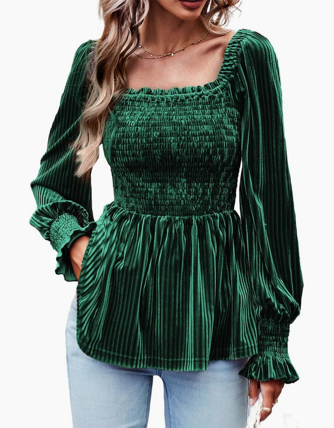 Blackish Green Smocked Ribbed Velvet Babydoll Top, 5 of 4