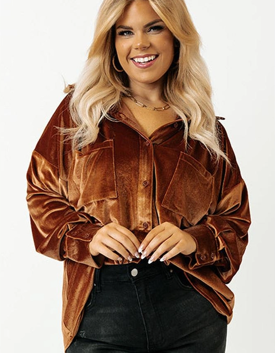 Chestnut Plus Size Velvet Chest Pocket Drop Shoulder Shirt