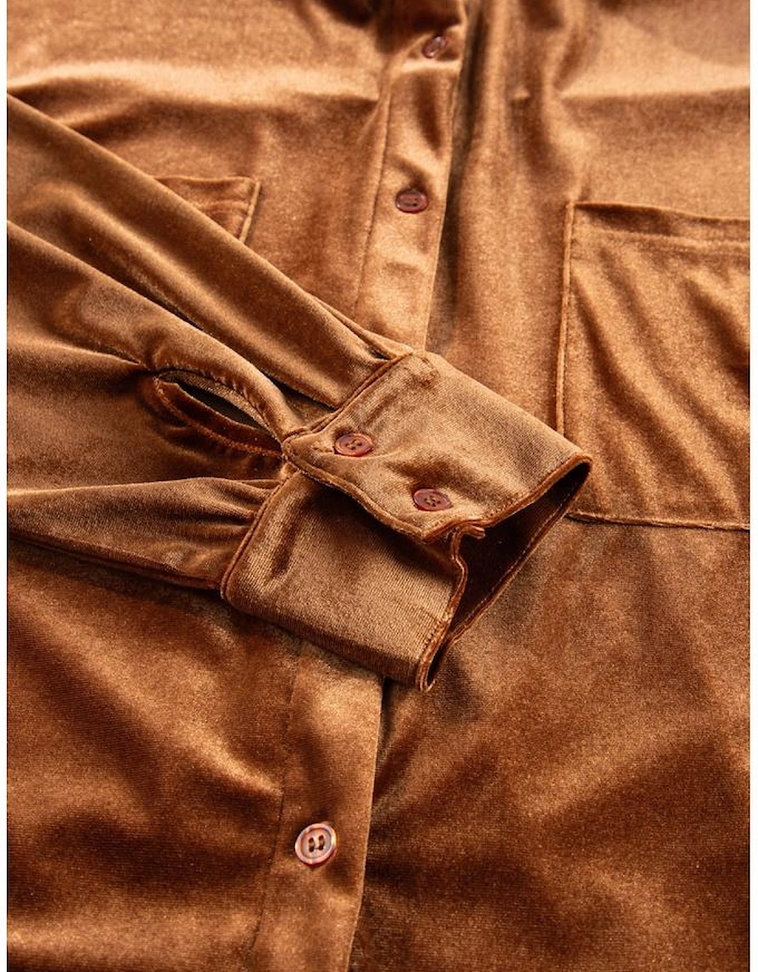 Chestnut Plus Size Velvet Chest Pocket Drop Shoulder Shirt