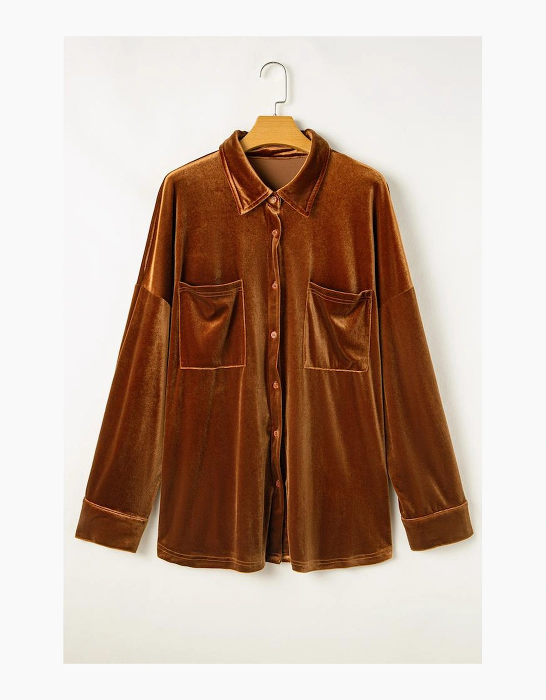 Chestnut Plus Size Velvet Chest Pocket Drop Shoulder Shirt